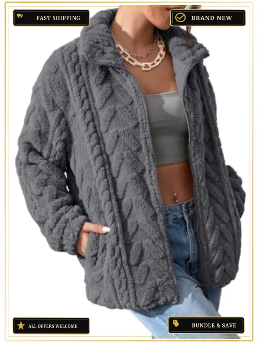 Women's Zip Up Fleece Jacket Long Sleeve Stand Collar Casual Coat with Pockets
